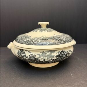 Wedgwood Cream and Black Transferware Lidded Serving Bowl